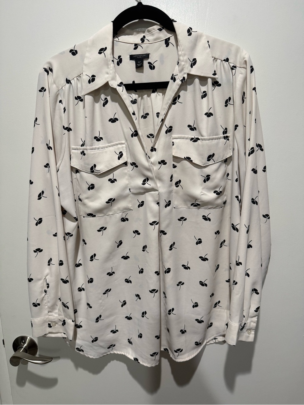 Ann Taylor Button-Front Cream Blouse with Black Cherry Print